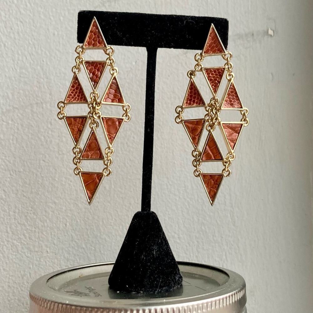 3D Printed Art Deco Triangle Drop Earrings w/Cognac Alligator & Lizard